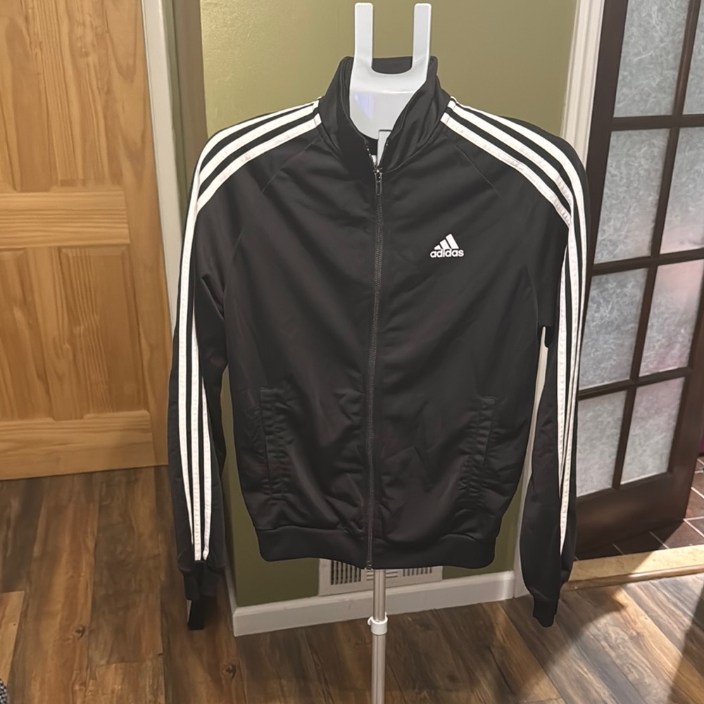 Adidas Women's Black Windbreaker with White Stripes